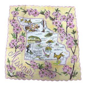 Vintage Missouri State Souvenir Handkerchief Illustrated Map Pink Dogwood Floral